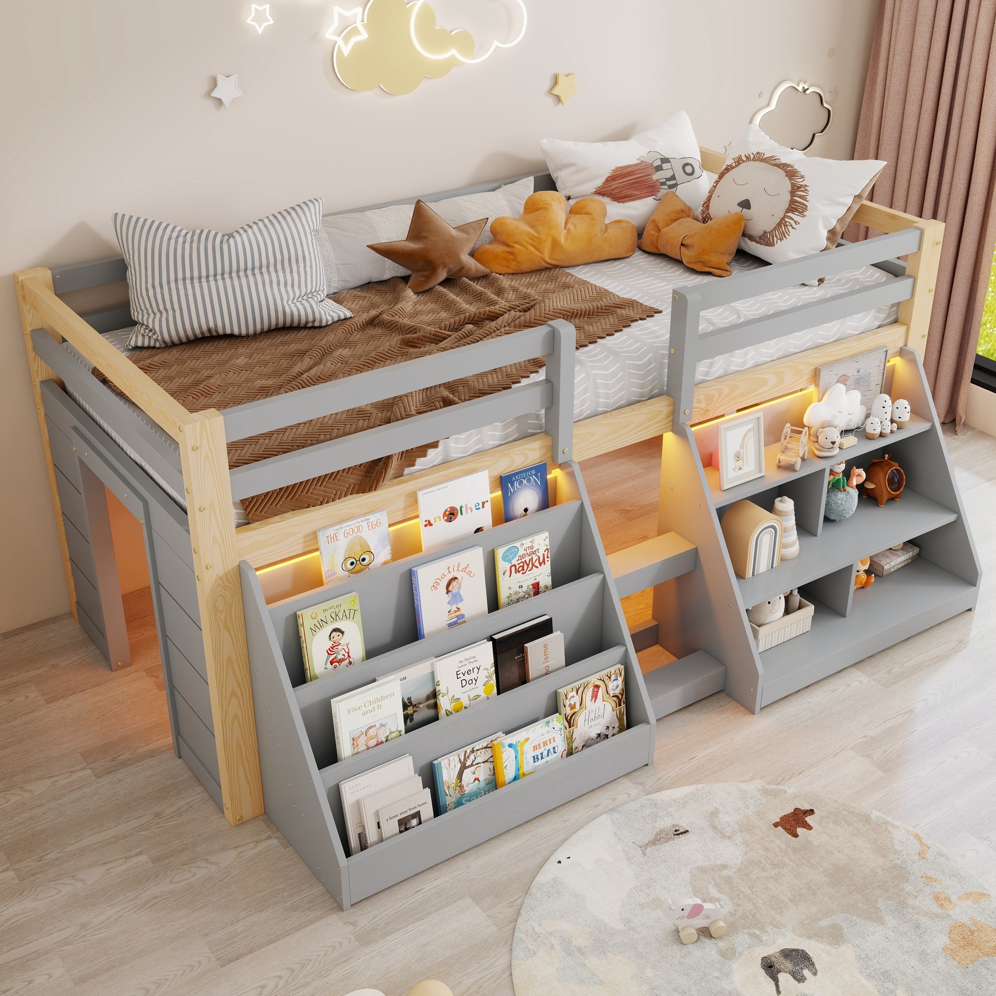 Lit mi-hauteur enfant 90 x 200 cm avec étagères et barrière de sécurité - Pin + MDF + contreplaqué - LEDs - Naturel + gris (Sans matelas) - 5
