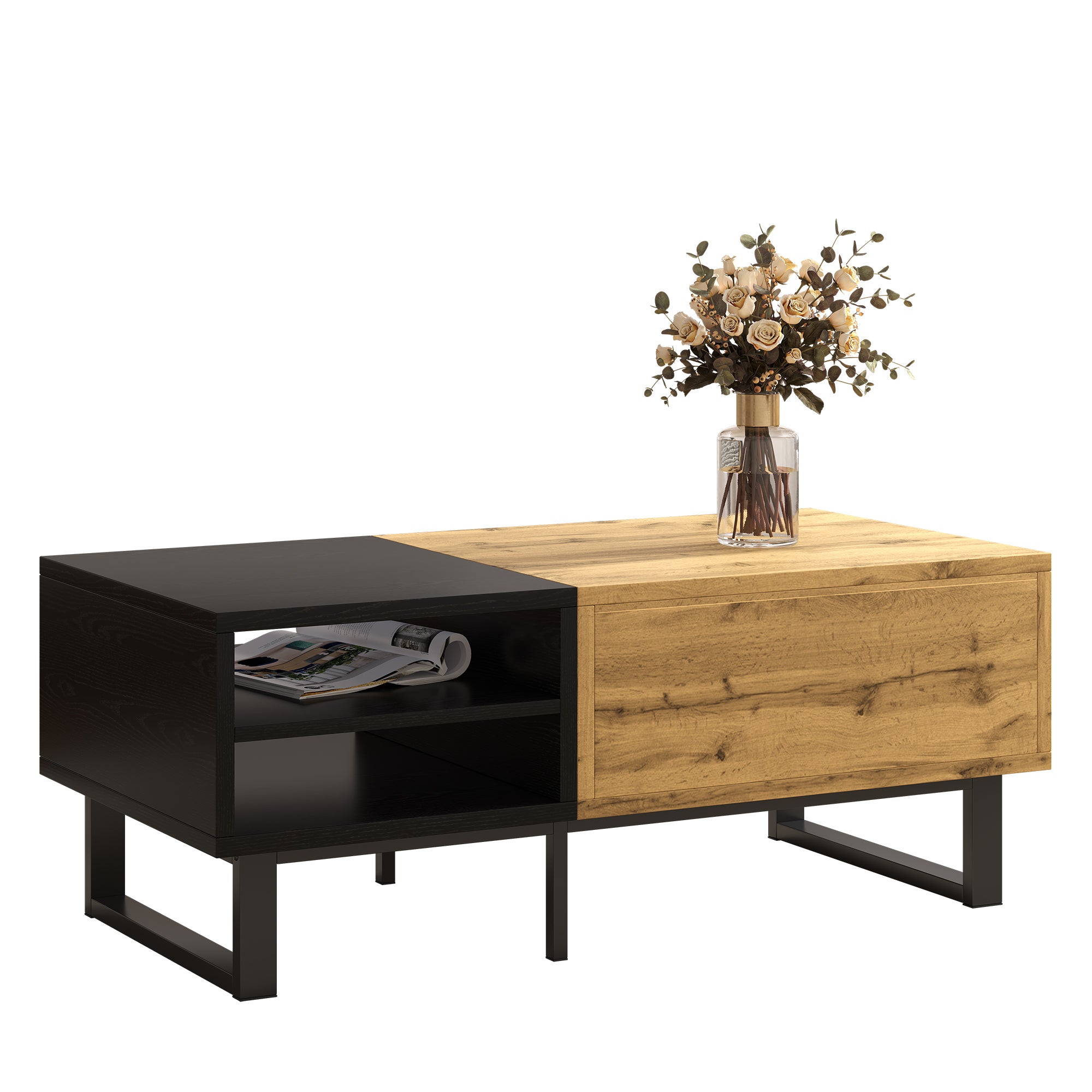 Table basse, table de salon avec structure color block, avec compartiments et tiroirs, pieds en métal. - 2