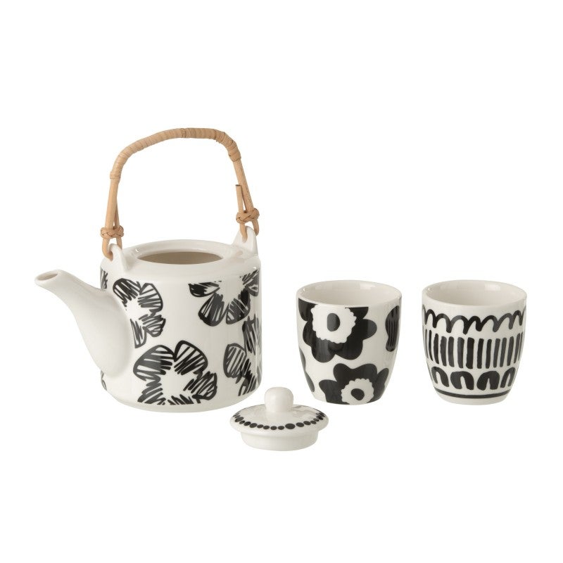 Teterera con tazas decoradas en cerámica blanca 16 x 11,5 x 12 cm