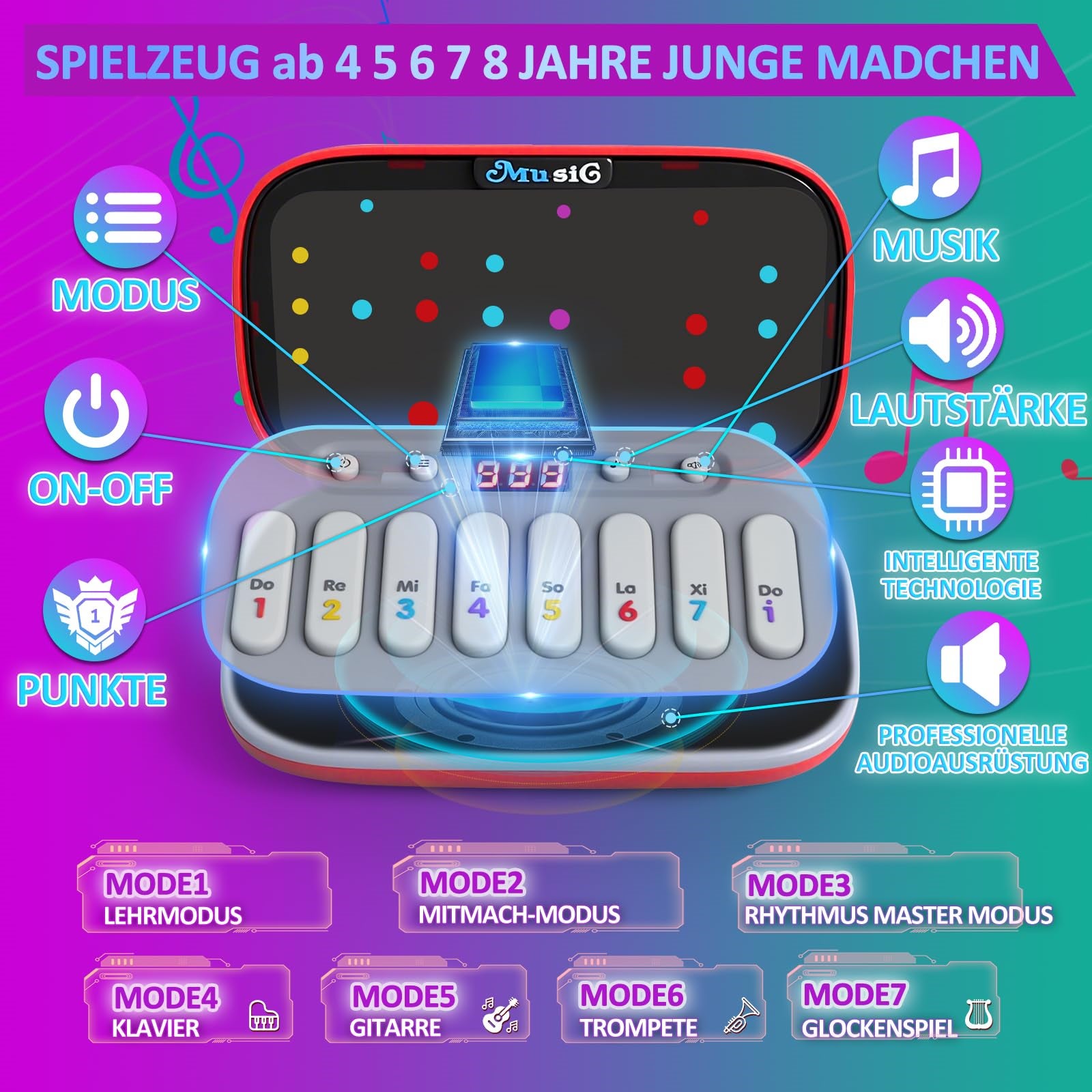 Console portatile per giochi ritmici musicali, pianoforte tascabile multifunzionale, giocattolo musicale educativo adatto a ragazzi ragazze divertente - 8
