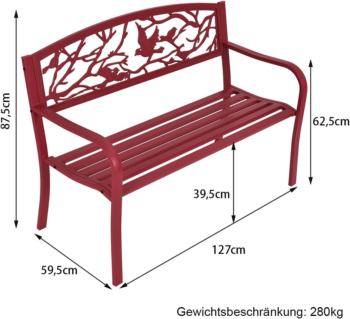 Ławka Ogrodowa 2-osobowa z Podłokietnikami i Pochylonym Oparciem, 123 x 60 x 88 cm, Metalowa Ławka Ogrodowa, Tarasowa, Balkonowa, Czerwona - 3