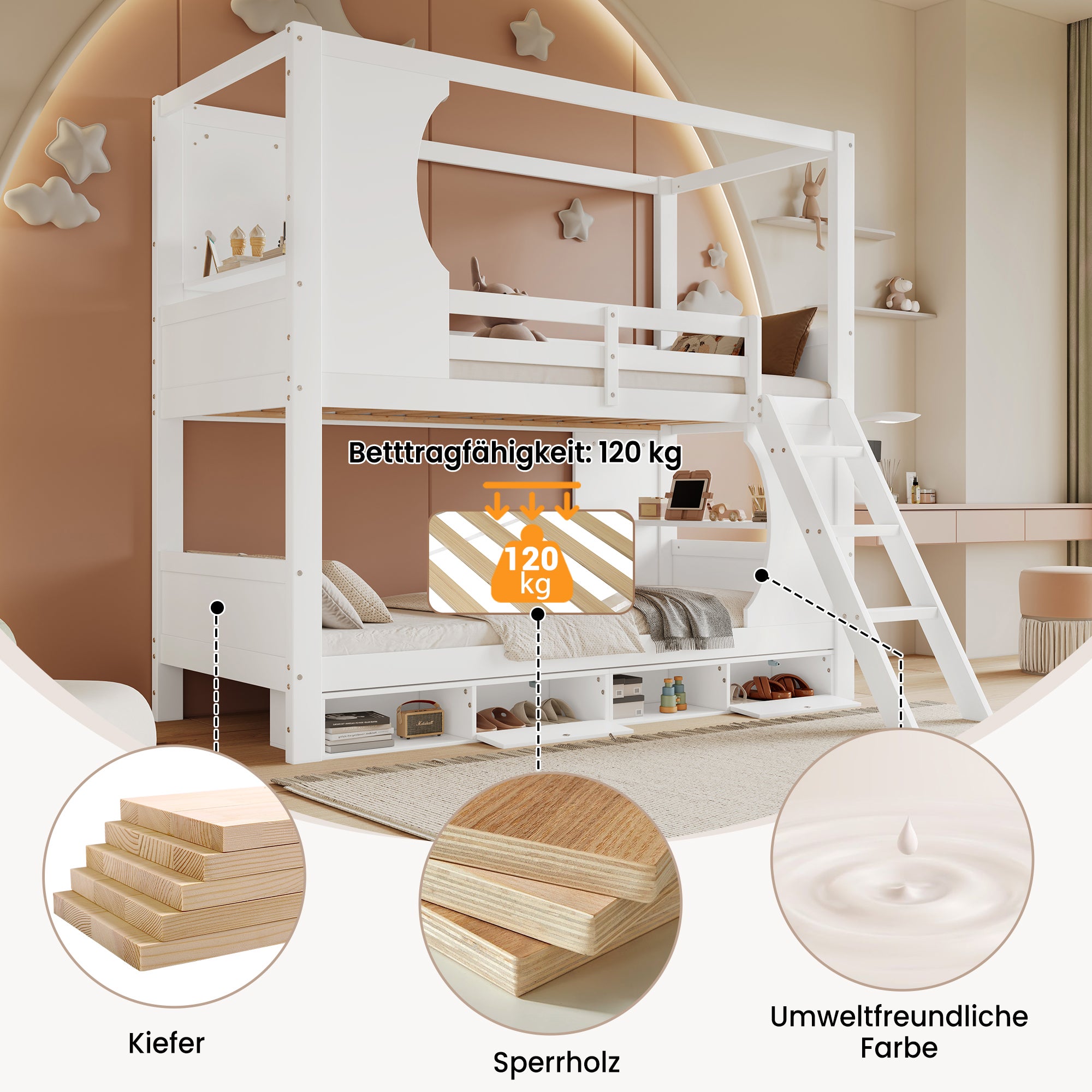 Letto a castello 90x200cm, letto per bambini con sponda di sicurezza, con tavolo, scarpiera con quattro scomparti - 5