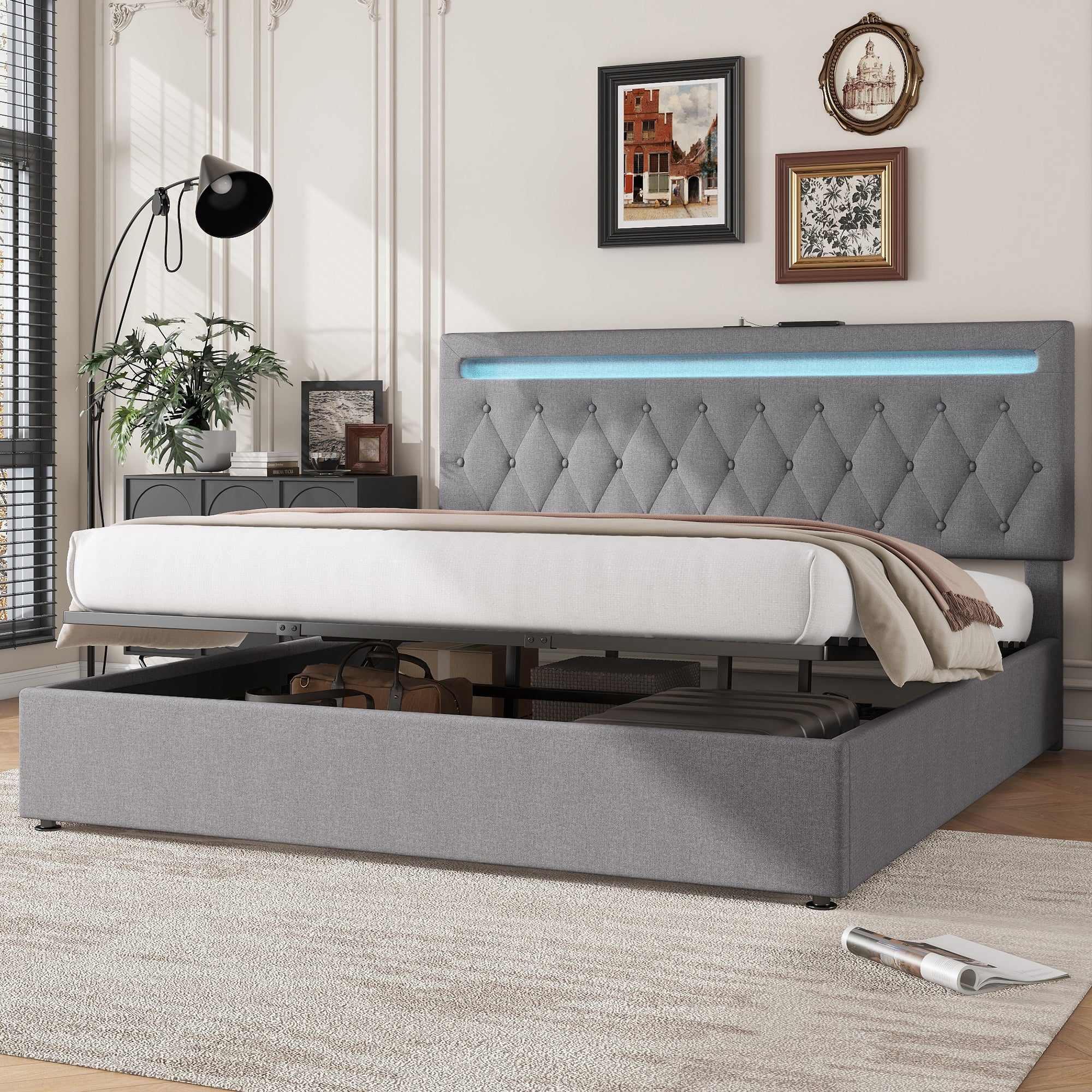 Letto contenitore imbottito 180x200 cm - con LED a colori cangianti e ...