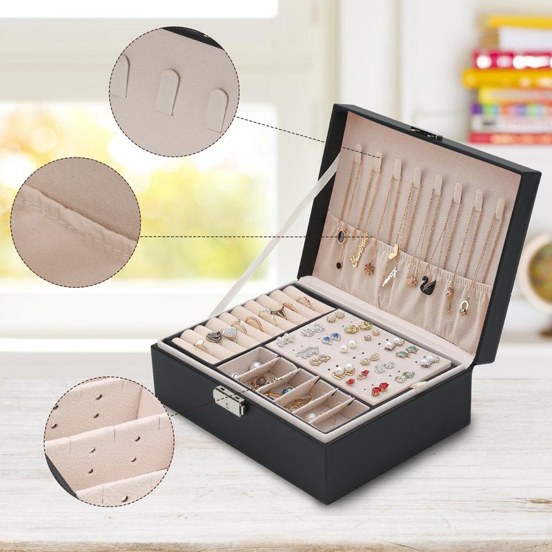 Boîte à bijoux Coffret à Bijoux Rangement Organiseur à double couche avec serrure Noir Coffret Bijoux Verrouillable Jewelry Stockage - 3