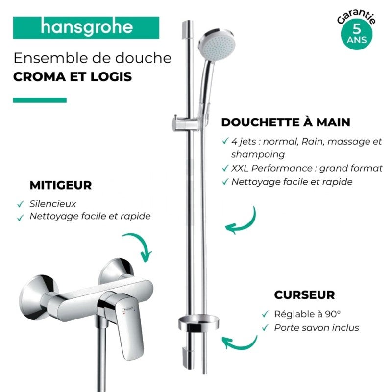 Ensemble douche HANGROHE Croma Vario + Mitigeur mécanique Logis - 4