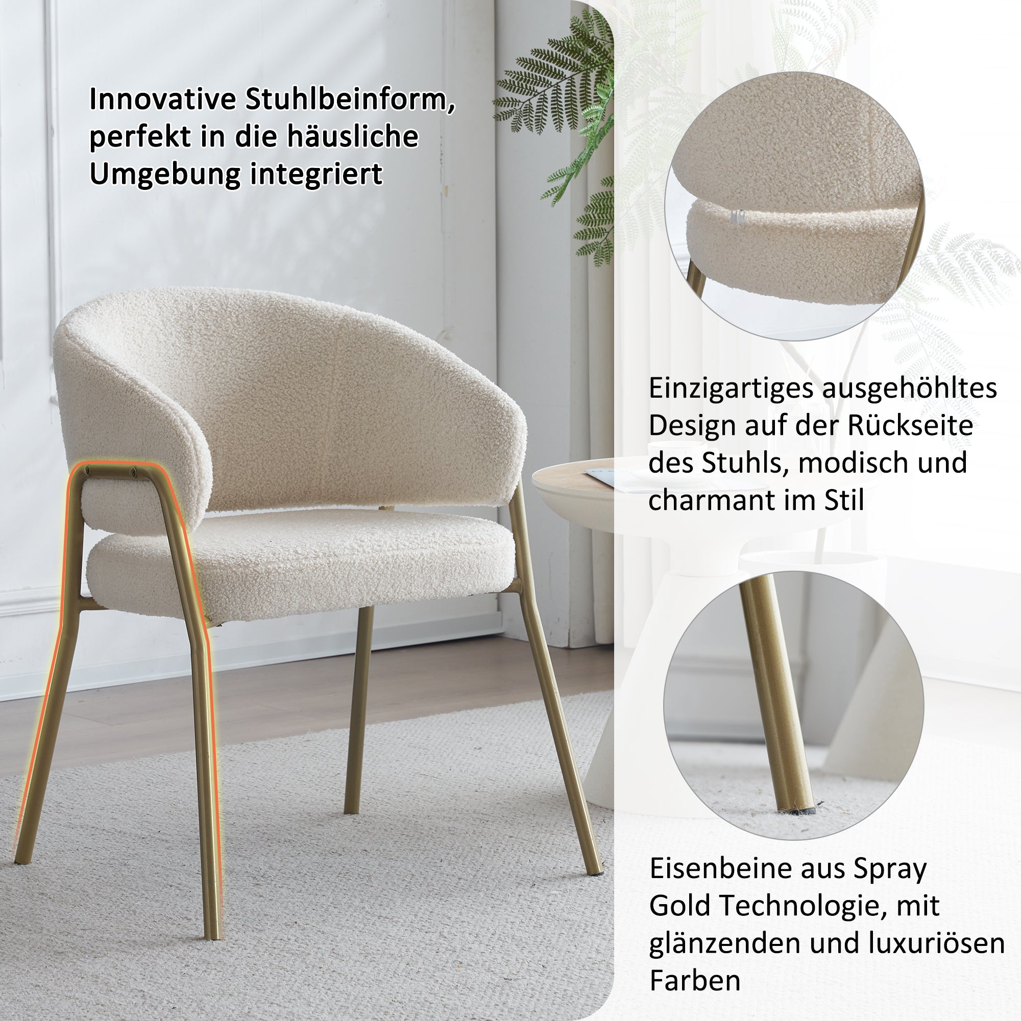 Chaise de salle à manger en velours et métal doré - blanc - 61 x 48 x 78 cm (1 pièce) - 8