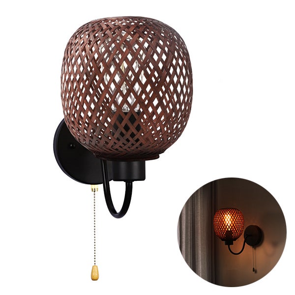 Kinkiet rattanowy E27 z włącznikiem na zamek błyskawiczny, lampa rattanowa, kinkiet ścienny, styl bohemy, lampka nocna, żarówka nie jest dołączona