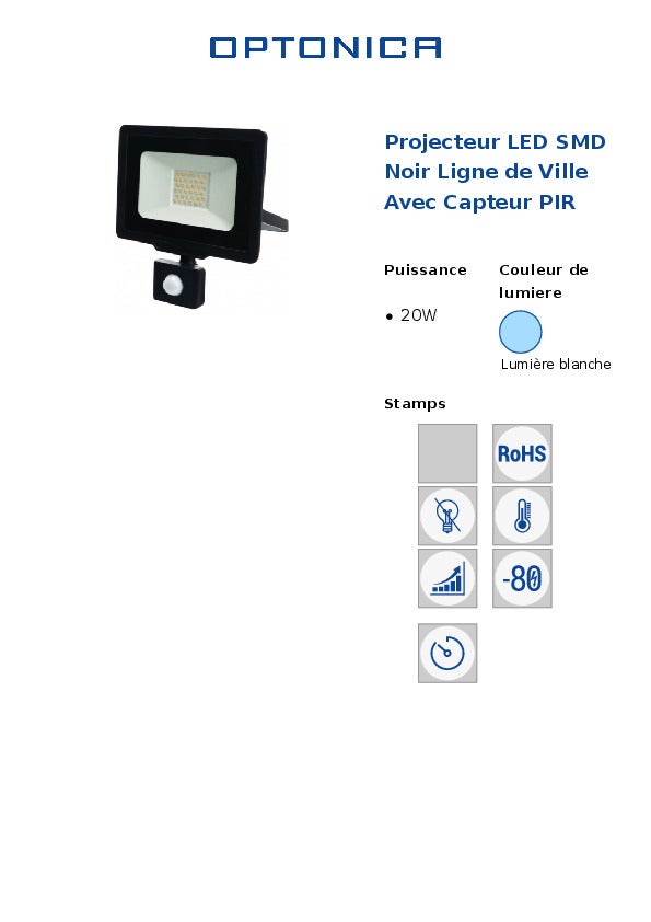 Projecteur LED SMD Noir – 20W – 1600lm – IP65 – Capteur PIR – 6000K - 7
