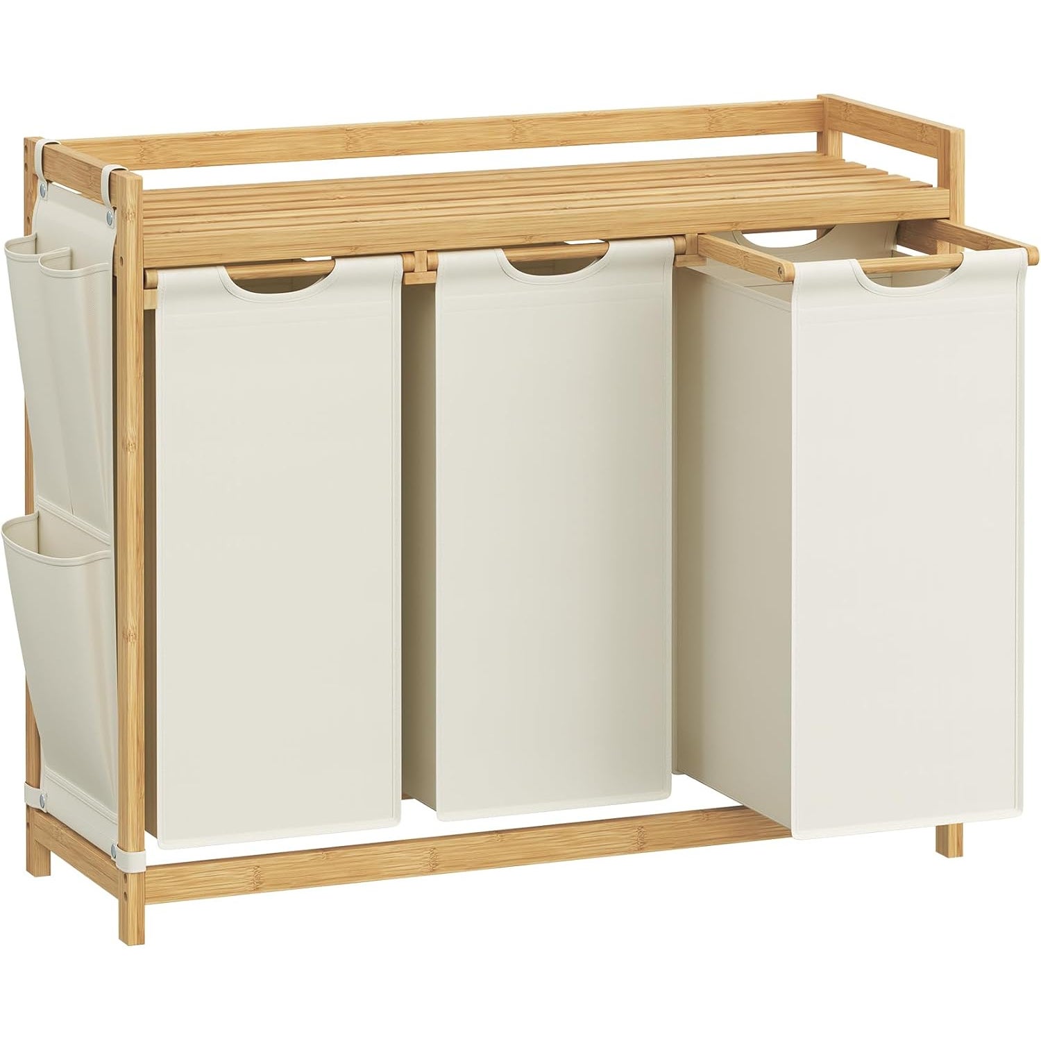 Cos rufe cu 3 compartimente si raft superior din bambus, 3 x 50 litri, saci detasabili, 94x33x78 cm, maro natur 150000ml
