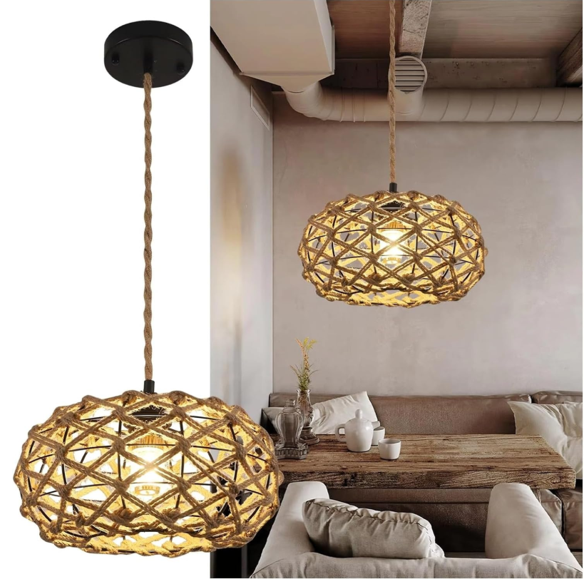 COMELY Suspension Rotin Bohème E27, Luminaire Suspension Rotin Tressé Hauteur Réglable, Lampe Suspension Naturelle pour Salon Chambre Salle à Manger - 7