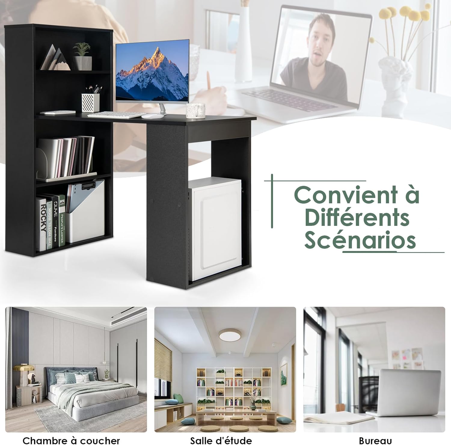 Bureau d'Ordinateur Réversible avec Bibliothèque, Assemblage Facile, pour Maison, Bureaux (Noir) - 8