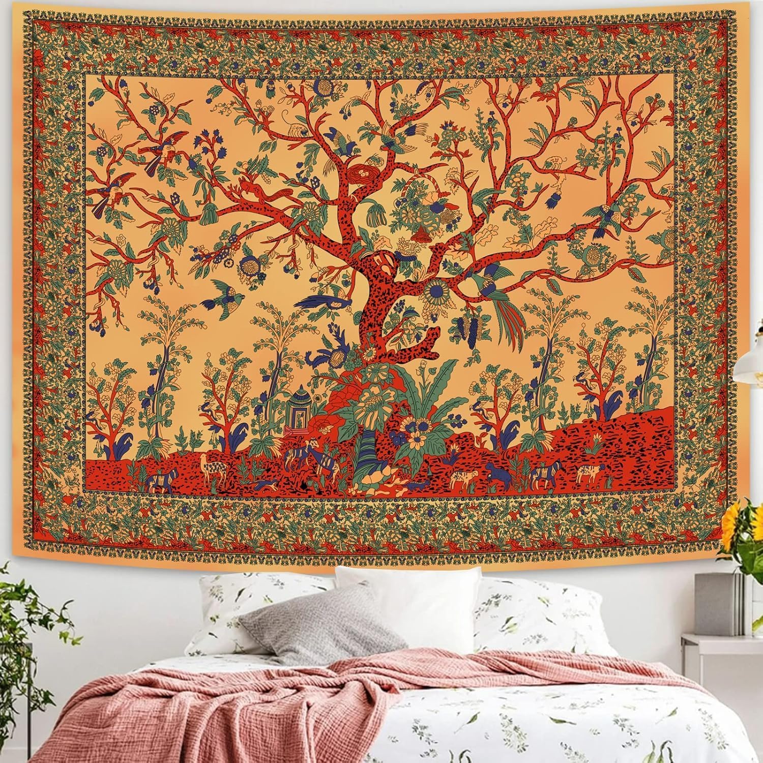 150x130 cm (żółty) Gobelin Drzewo Życia, Estetyczny gobelin Dżungli, Barwiony węzłem, Dekoracja ścienna do sypialni, salonu