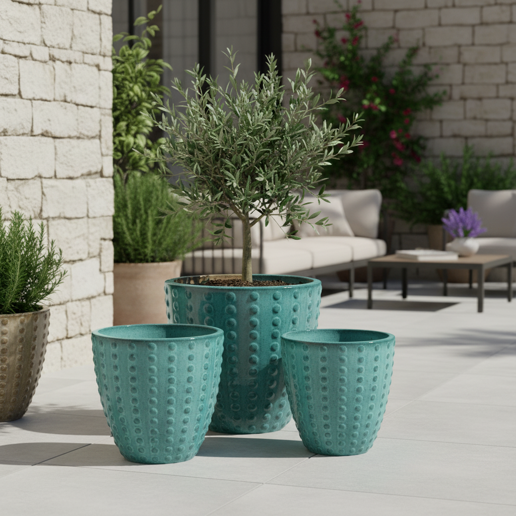 Pot grande taille d'extérieur ATTILA 38x37cm turquoise, fait main en terre cuite émaillée, résistant au gel - 3