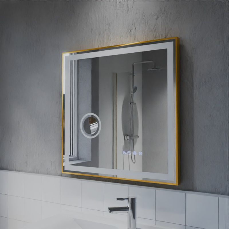 Miroir LED cadre doré CARA 80 cm x 70 cm - antibuée, horloge et loupe - 6