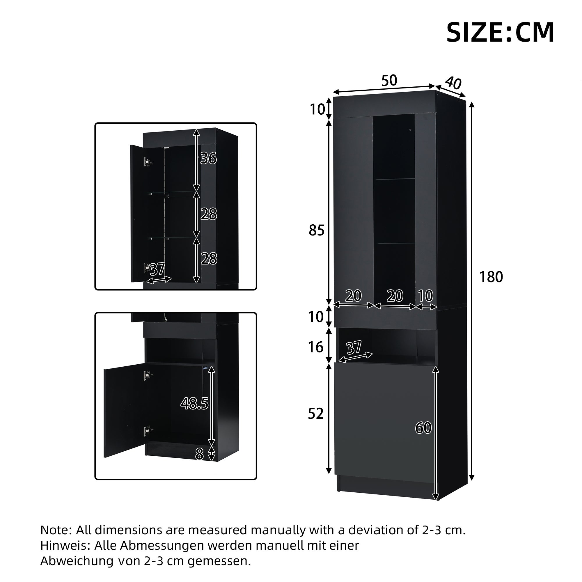 Witryna z 2 drzwiami - 50 x 40 x 180 cm - diody LED - płyta wiórowa i 2 szklane półki - połyskująca czerń - 7