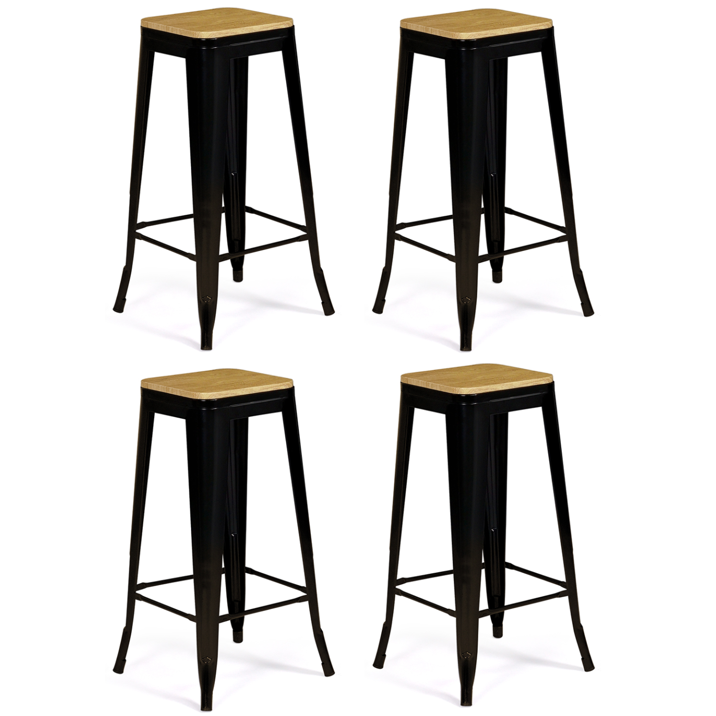 Lot de 4 tabourets de bar LENY métal noir mat assise bois empilable aspect brut factory - 2