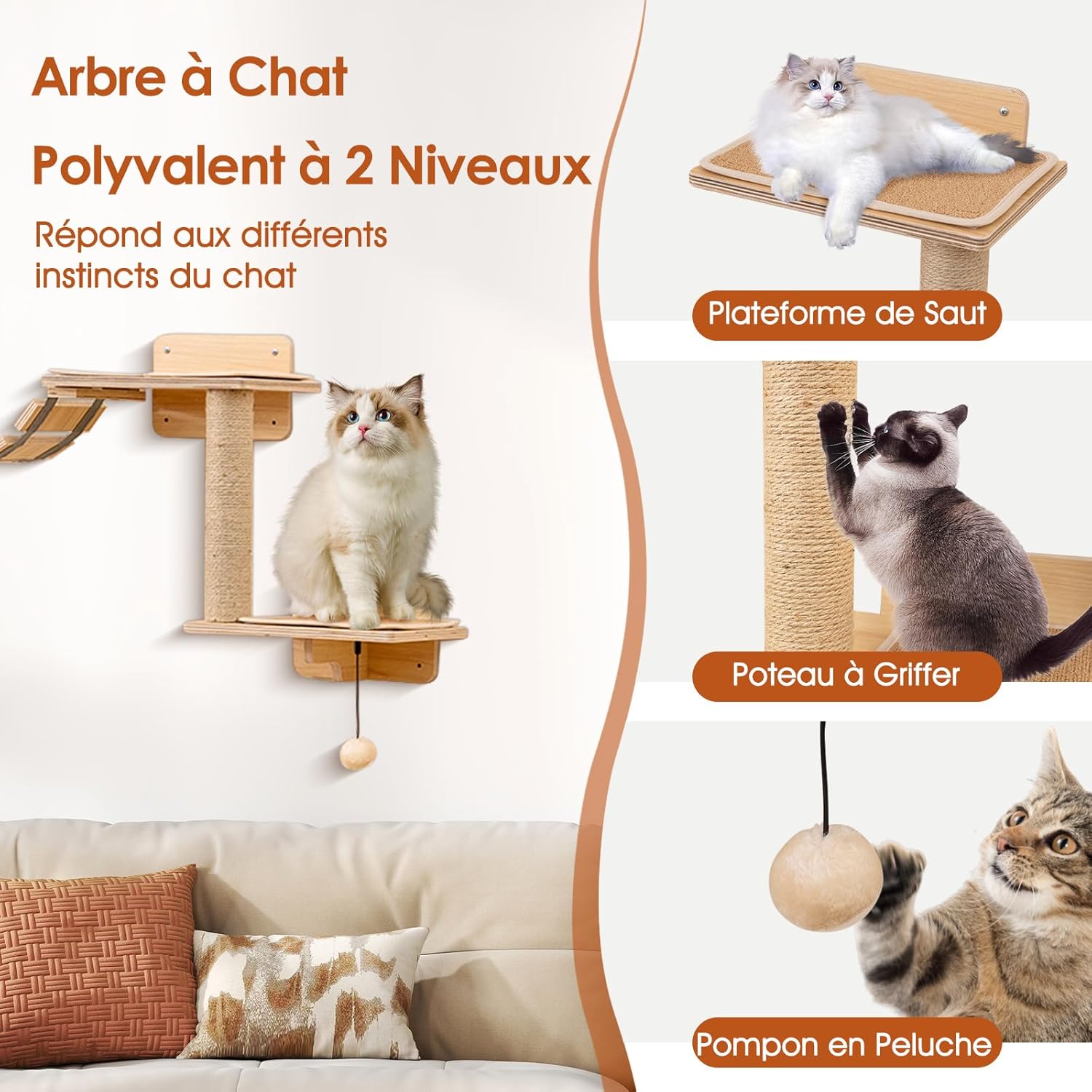 Arbre à Chat Mural en Bois, 6 Pcs Parcours Chat, Hamac en Forme de Lune, Pont, Tour pour Chaton à 2 Niveaux, Plateforme, 2 Marches - 7