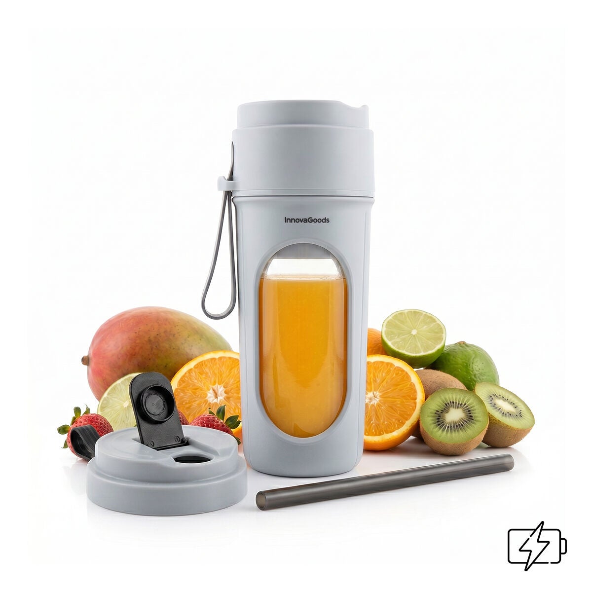 Innovagoods Batidora De Vaso Individual Portátil Recargable Con Vaso De 450 Ml, Tapa Extra Y Pajita De Silicona Gris/Negro , Leroy Merlin