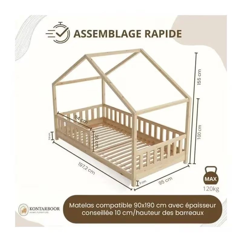 Lit cabane enfant 90x190 cm - Bois - Sommier à lattes inclus - Style Enfant - 4