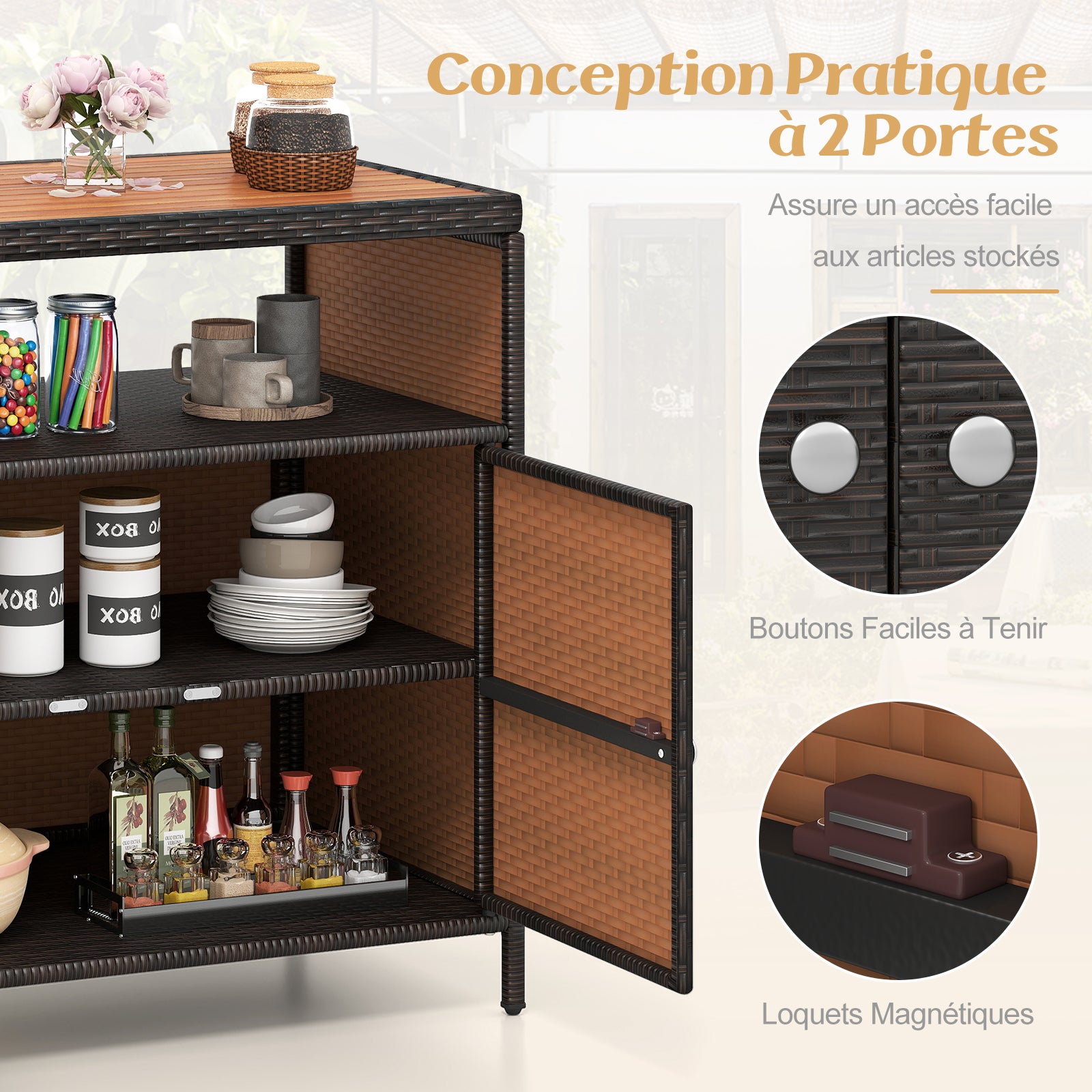 Armoire de Rangement Exterieur en Rotin, Armoire de Jardin avec Plateau en Bois d'Acacia Compartiment Ouvert Buffet à 2 Portes, Marron - 4