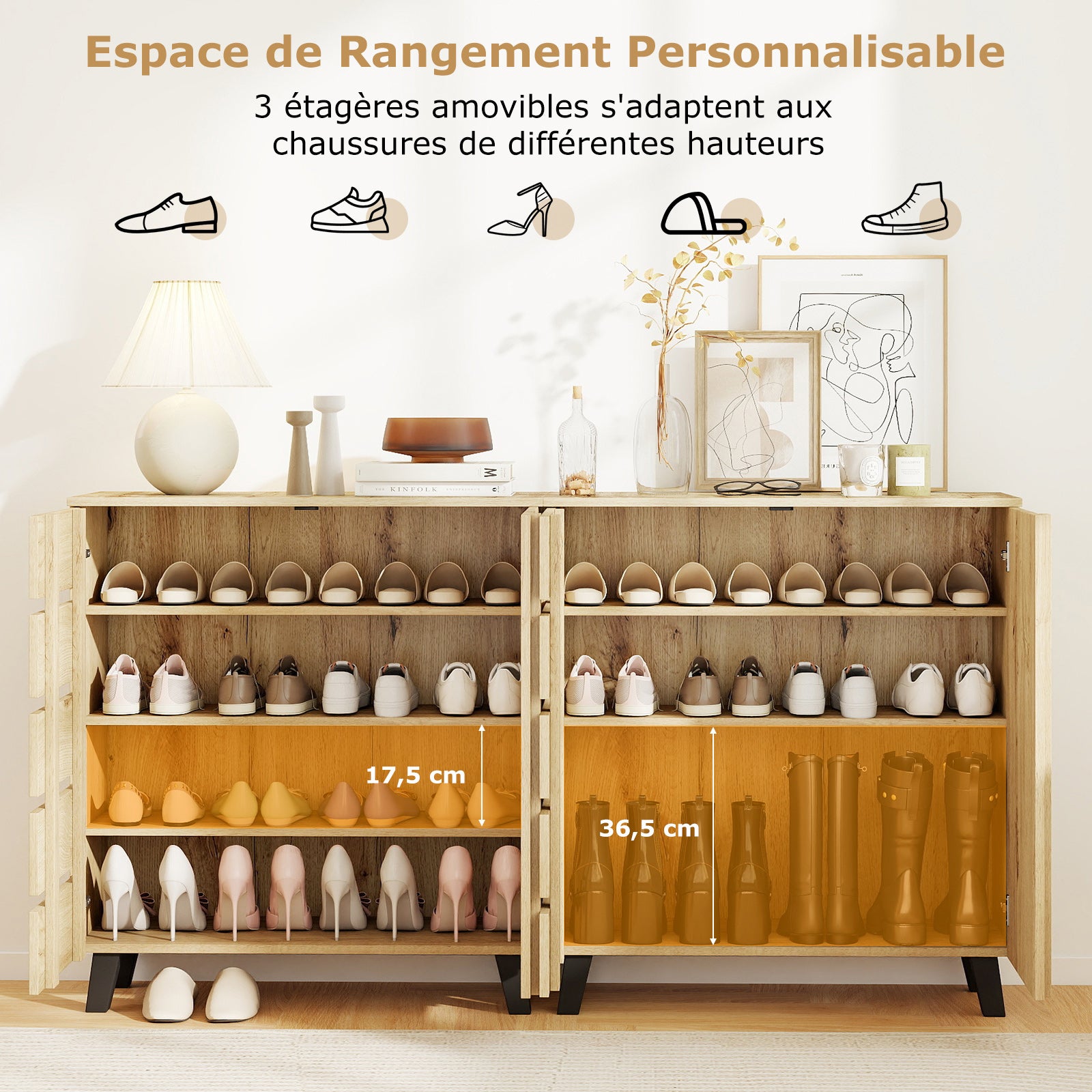 Armoire à Chaussures 4 Niveaux, Organisateur de Rangement avec Porte à Persiennes et étagères Amovibles, Armoire à Chaussures en Bois Style Ferme - 4