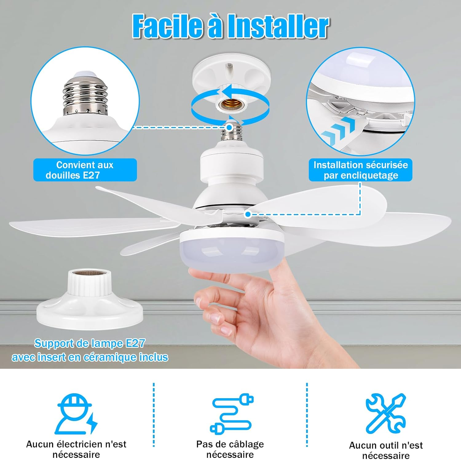 Lot de 2 ventilateurs de plafond avec lumière et télécommande, petit ventilateur de plafond LED à intensité variable de 52 cm avec douille E27 - 6