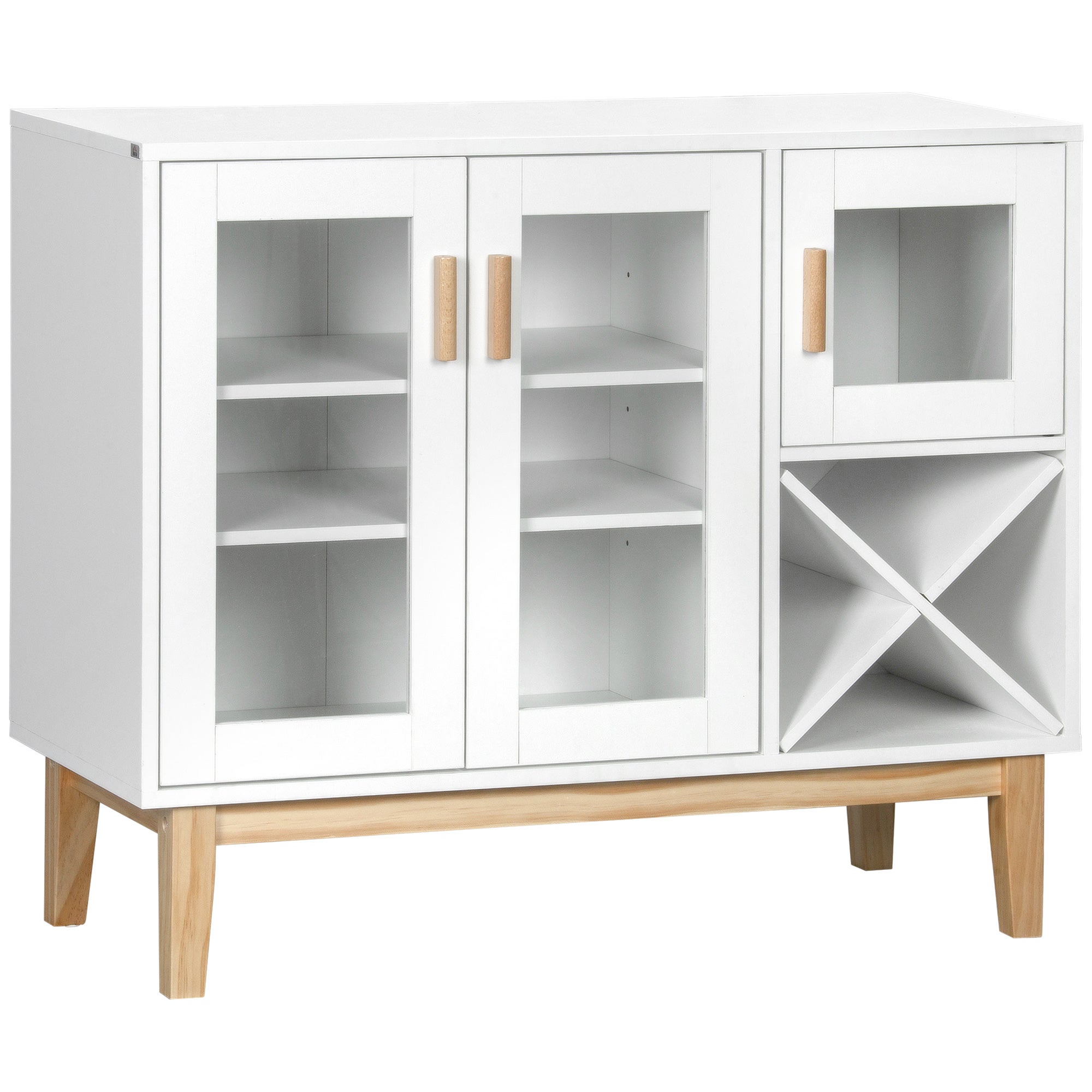 Juego de mesa y sillas infantiles, mueble de cocina con 3 puertas de cristal y botellero en forma de x para 4 botellas, 90x37x75 cm, blanco.