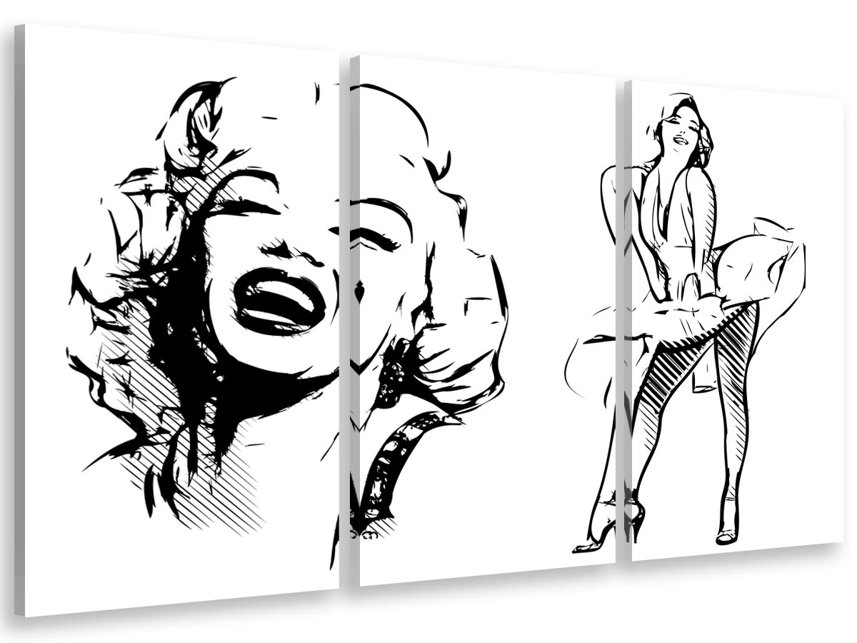 Cuadro tríptico, cuadro de cine marilyn monroe dibujo al carboncillo, 90x60cm