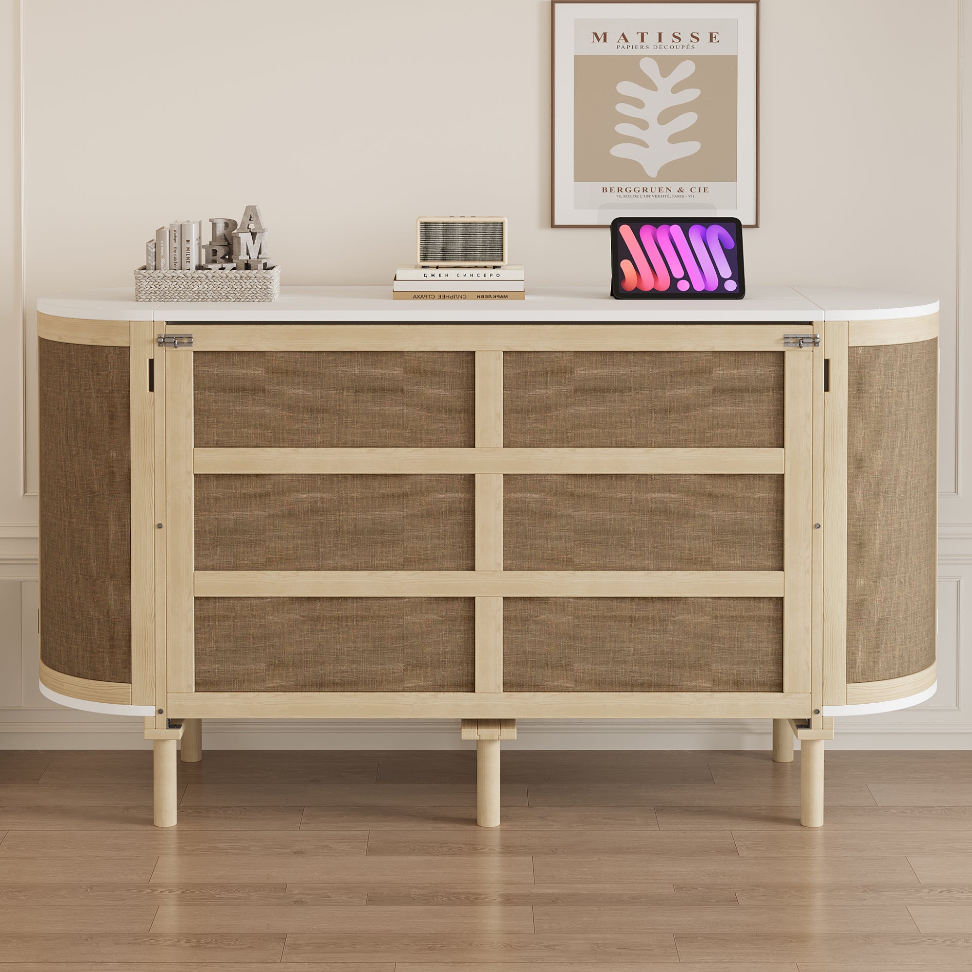 Cama abatible 140x200 con somier,cama de madera maciza con almacenaje y estanteria abierta,diseño de ratán, cama doble para adolescentes,color madera - 3