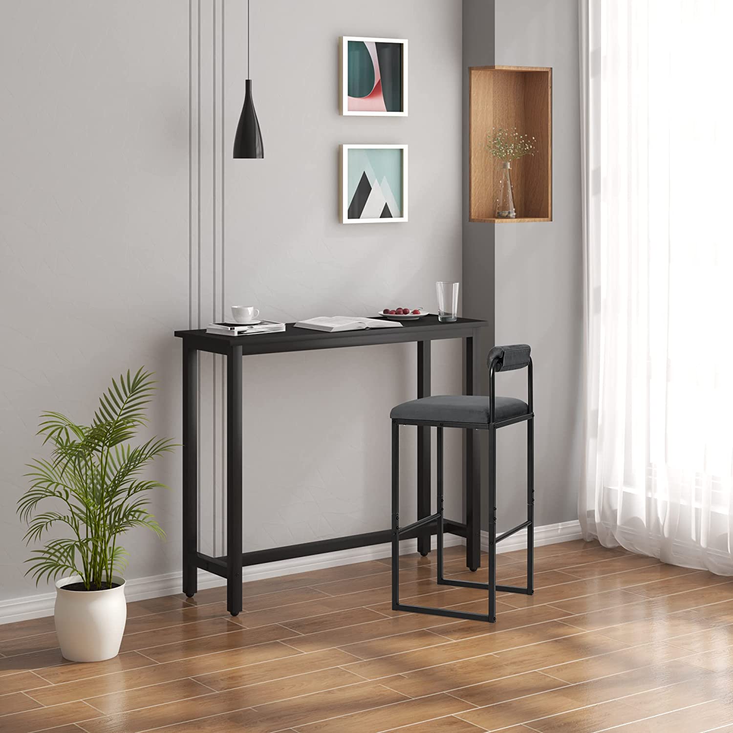Lot de 2 Tabourets de Bar en Velours et Métal WOLTU, Chaise Haute Bar, Design Moderne, Hauteur du Siège 75cm, Gris Foncé - 3