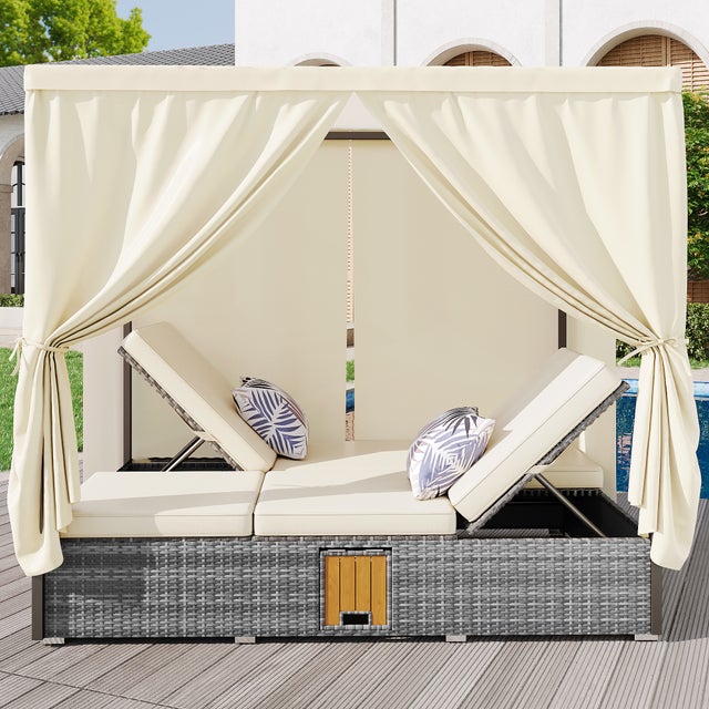 HOMECALL - Lettino prendisole in alluminio con imbottitura in textilene 2x1, schiuma ad asciugatura rapida, tettuccio parasole, XXL (200 x 70 cm), grigio chiaro