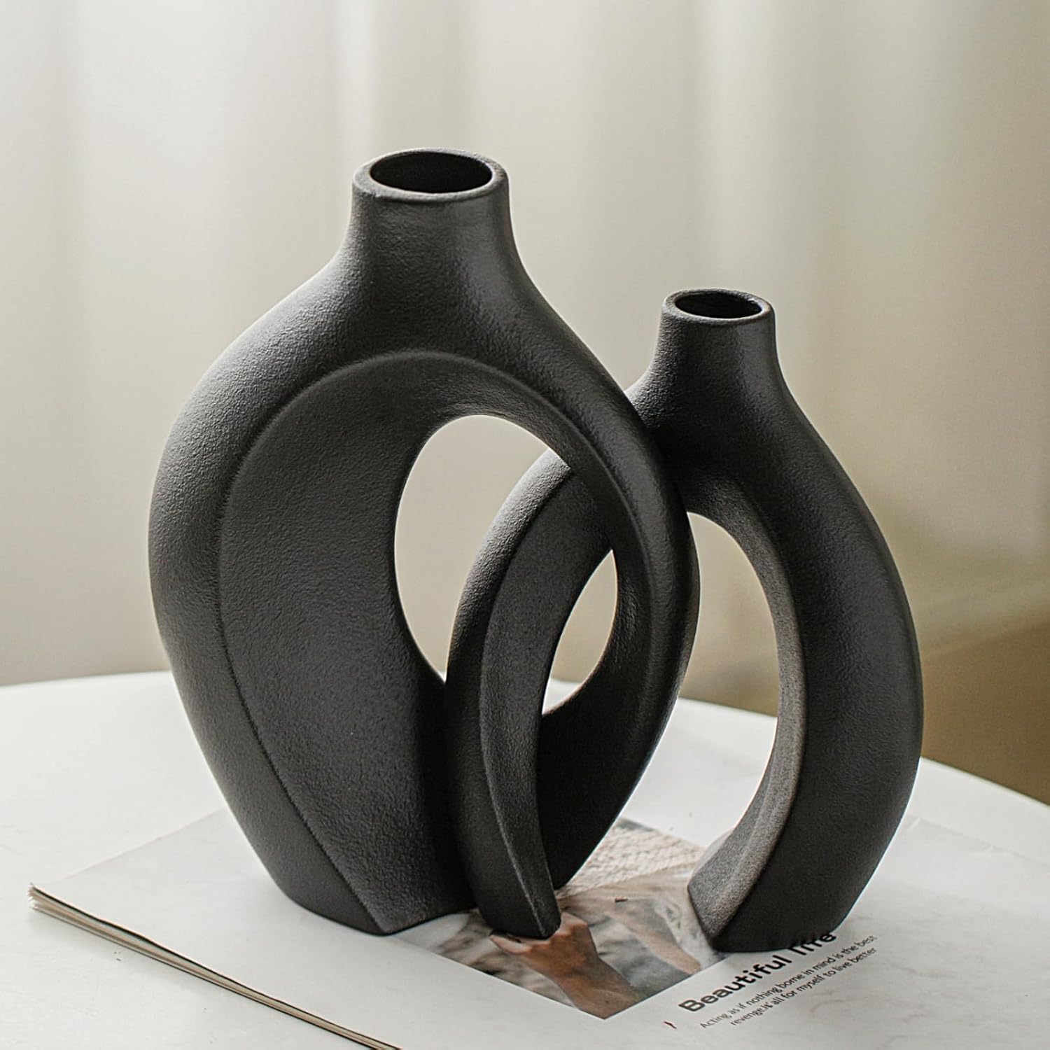 Ensemble de 2 vases en céramique, style bohème moderne nordique, vases décoratifs esthétiques en céramique pour la décoration intérieure (noir) - 5