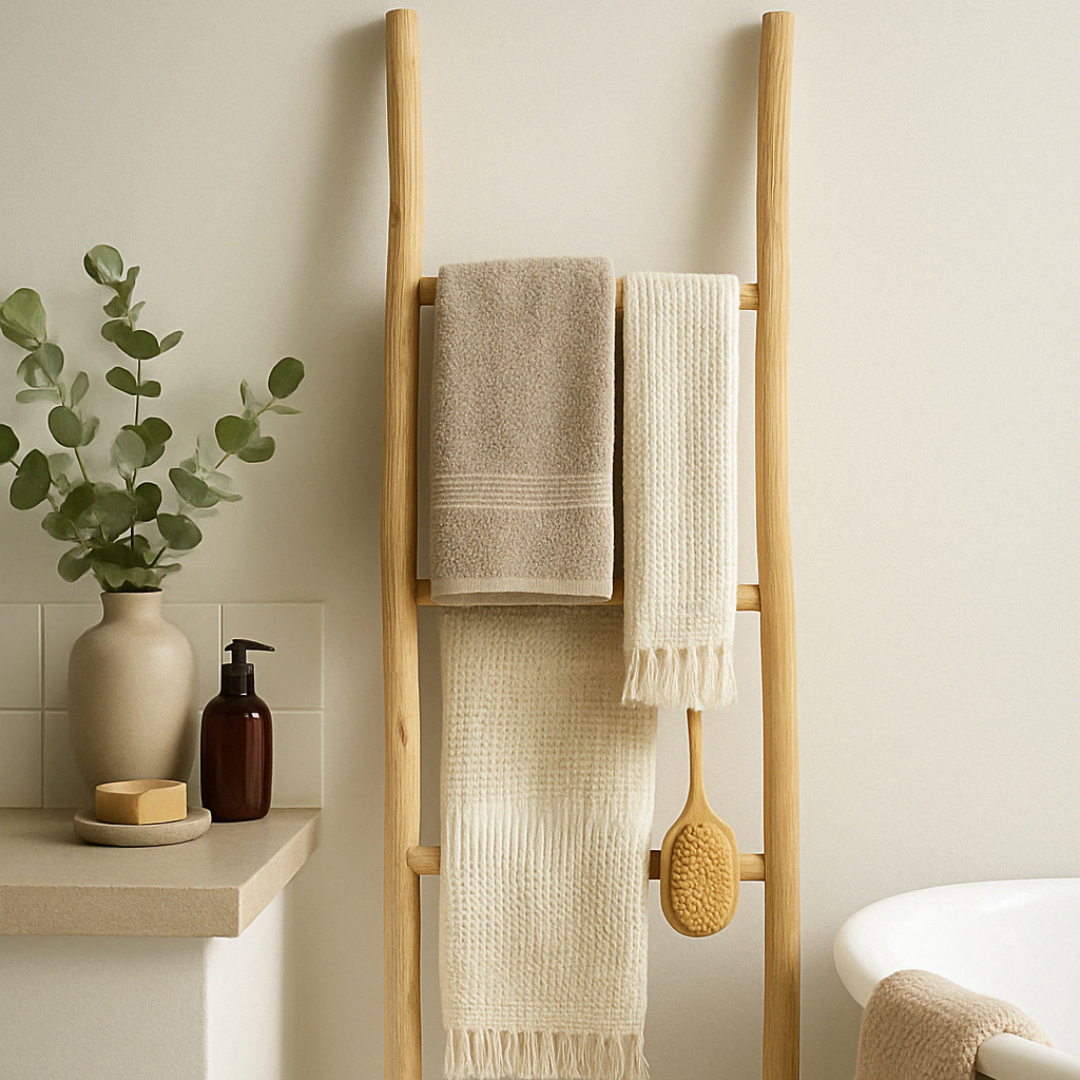 BISCOTTINI - Échelle porte-serviettes de Salle de Bain avec Finition Naturelle - 4 Niveaux - Échelle sur Pied Décorative en Bois 130x33 cm - 3