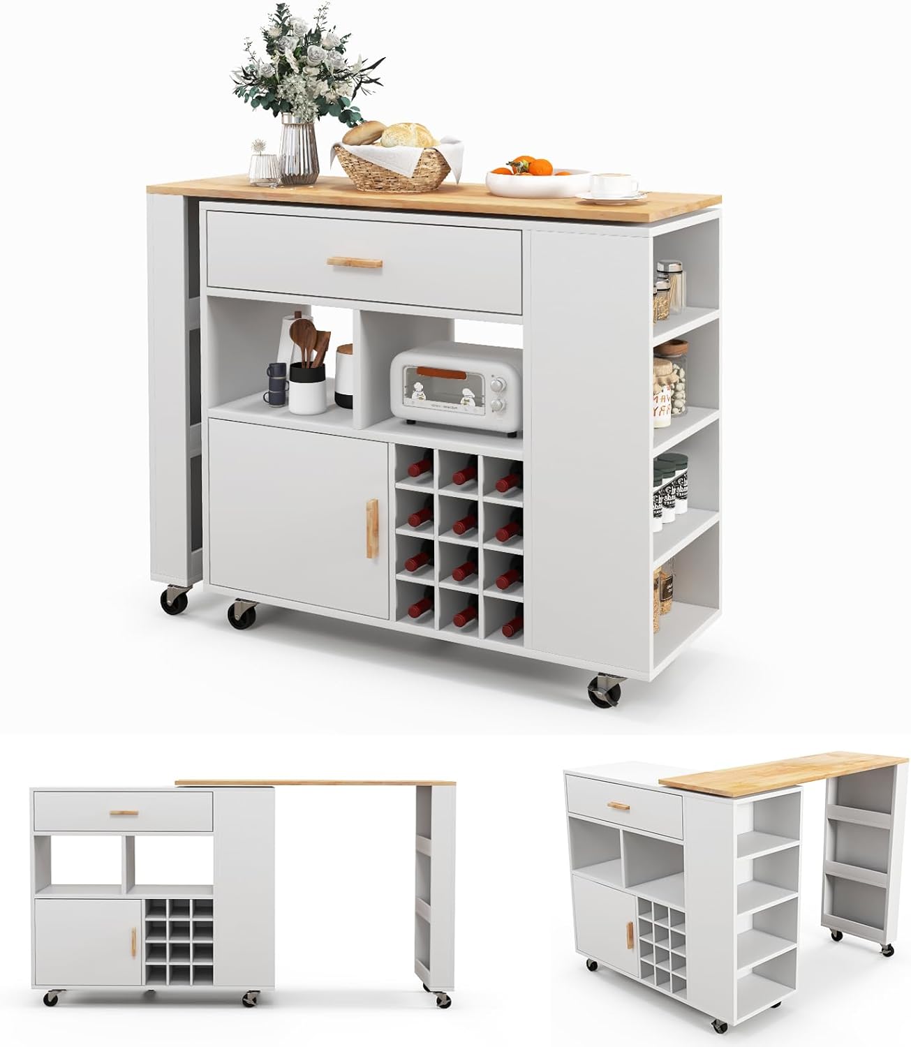 Wózek kuchenny i stół barowy, szufladą i regałem na przyprawy, regał na wino na 12 butelek, szafka kuchenna na kółkach, wózek do serwowania z drewna