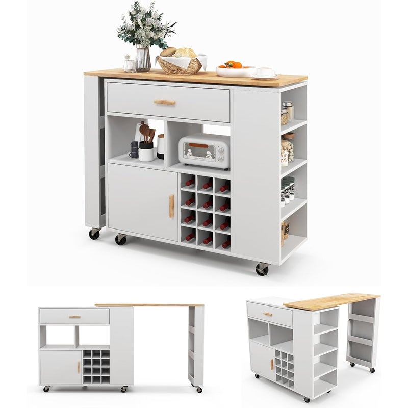 Wózek kuchenny i stół barowy, szufladą i regałem na przyprawy, regał na wino na 12 butelek, szafka kuchenna na kółkach, wózek do serwowania z drewna