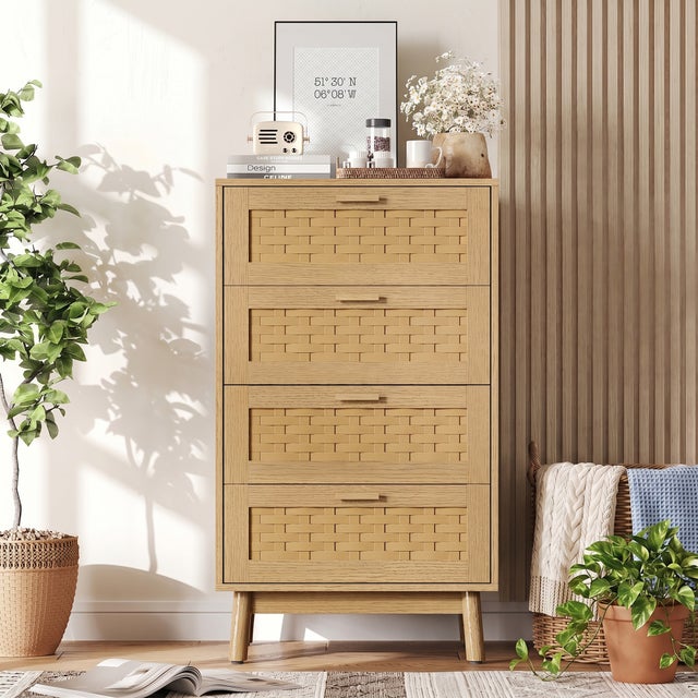 Commode 4 Tiroirs, Armoire à Tiroirs Tressage de Rotin Commode Chambre Adulte, Meuble de Rangement pour Salon, Chêne(95 x 55 x 39.8 cm)