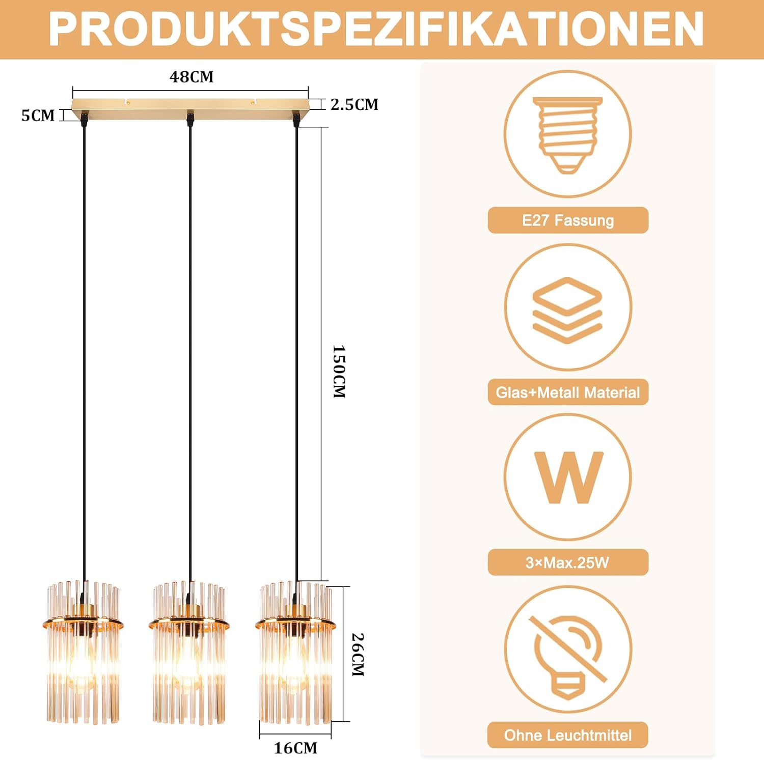 Candeeiro Pendente Vintage Gold Nettlife, 3 Lâmpadas em Vidro, Casquilho E27, Ø 16 cm, para Mesa, Cozinha (sem lâmpadas). - 2