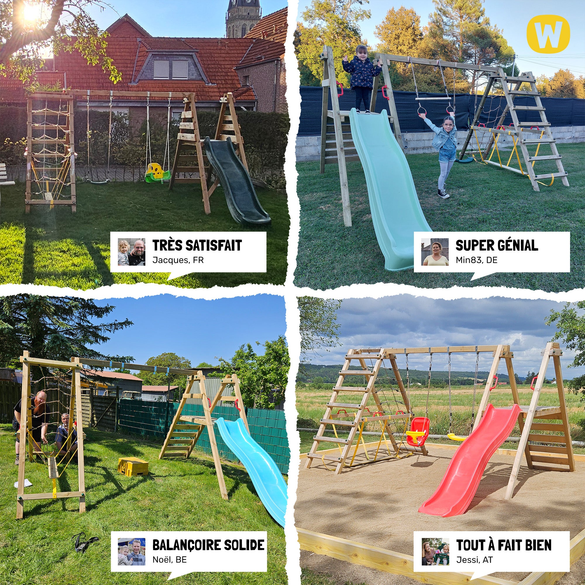 WICKEY Balançoire double Smart Hike en bois avec module d’escalade, 2 sièges réglables et accessoires rouges - 4
