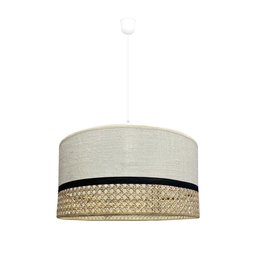 Ręcznie wykonana lampa sufitowa Sabera w kolorze naturalnej bieli z beżowym abażurem z tkaniny i rafii ø40 cm