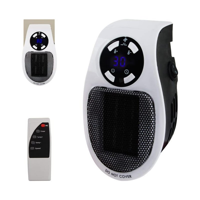 Grzejnik wtykowy 500 W, miniaturowy grzejnik elektryczny z gniazdkiem, grzejnik ścienny z pilotem (bateria nie jest dołączona)