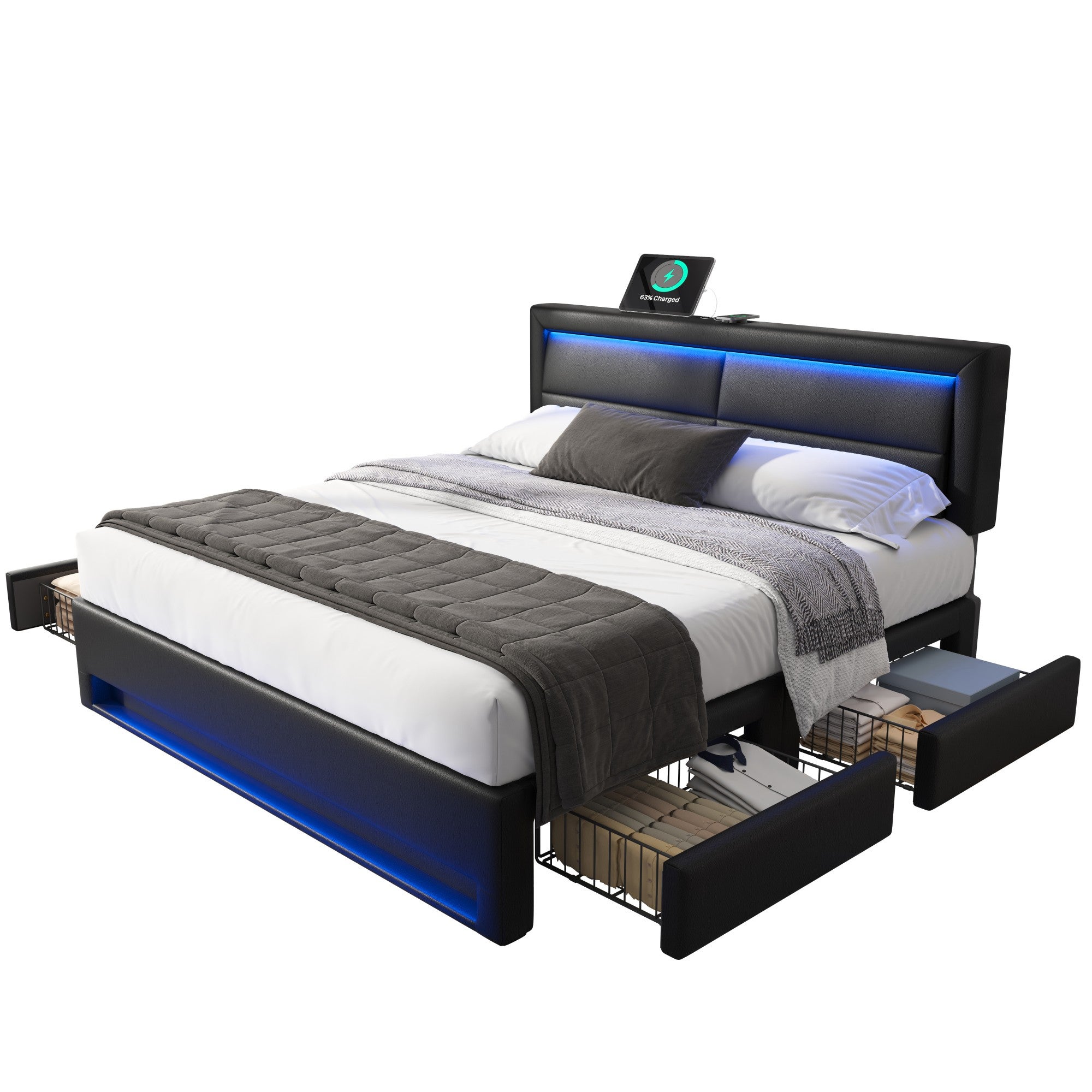 Lit Double 140x190 Flottant Avec LEDs Et Rangements - Design Moderne, Tête De Lit Escamotable, Ports USB/Type-C - Blanc PU - 4