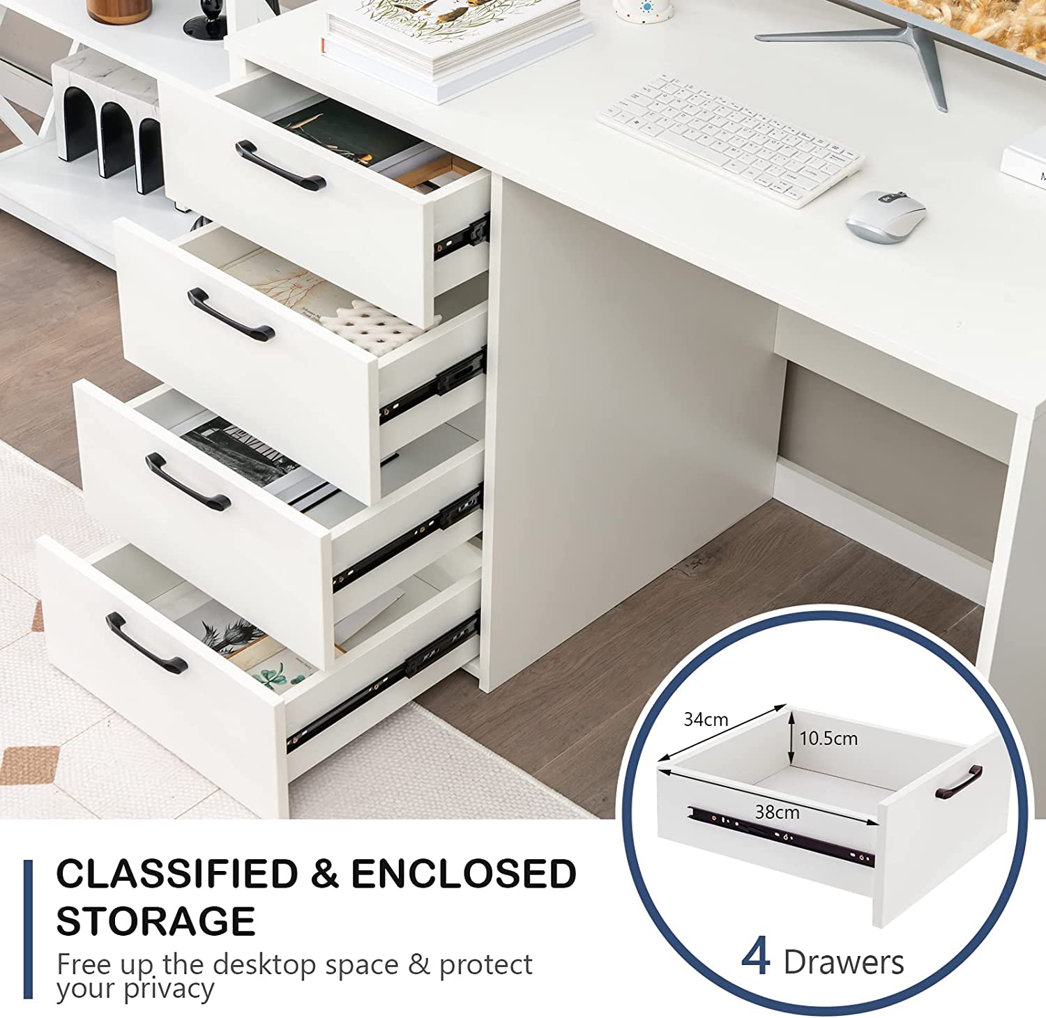 Scrivania per Computer con 4 Cassetti, Scrivania Porta PC in Legno con Ampio Piano, Scrivania Moderna e Semplice per Casa, Ufficio e Studio, P - 3