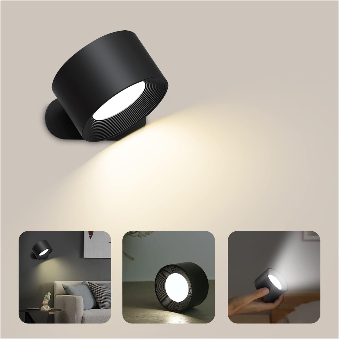 Dotykowa lampa ścienna LED z portem ładowania USB, sterowanie dotykowe, 3 poziomy jasności, 3 temperatury obrotowe 360°, 1 sztuka, (czarna)