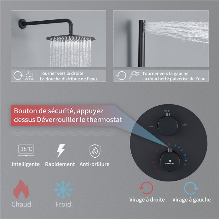 Colonne de Douche Thermostatique Noir en Laiton, Système Encastré avec Tête Ronde 12