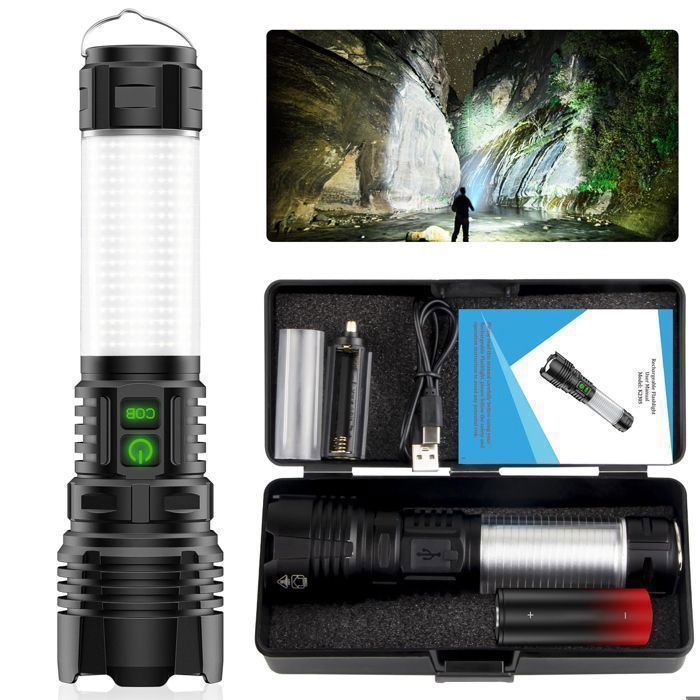 ASORT Lampe de poche LED extrêmement lumineuse 200 000 lumens, 3 km de tir extrême, rechargeable par USB, super grande ouverture zoomable, longue durée de vie, 6 modes d'éclairage, étanche IPX67, pour