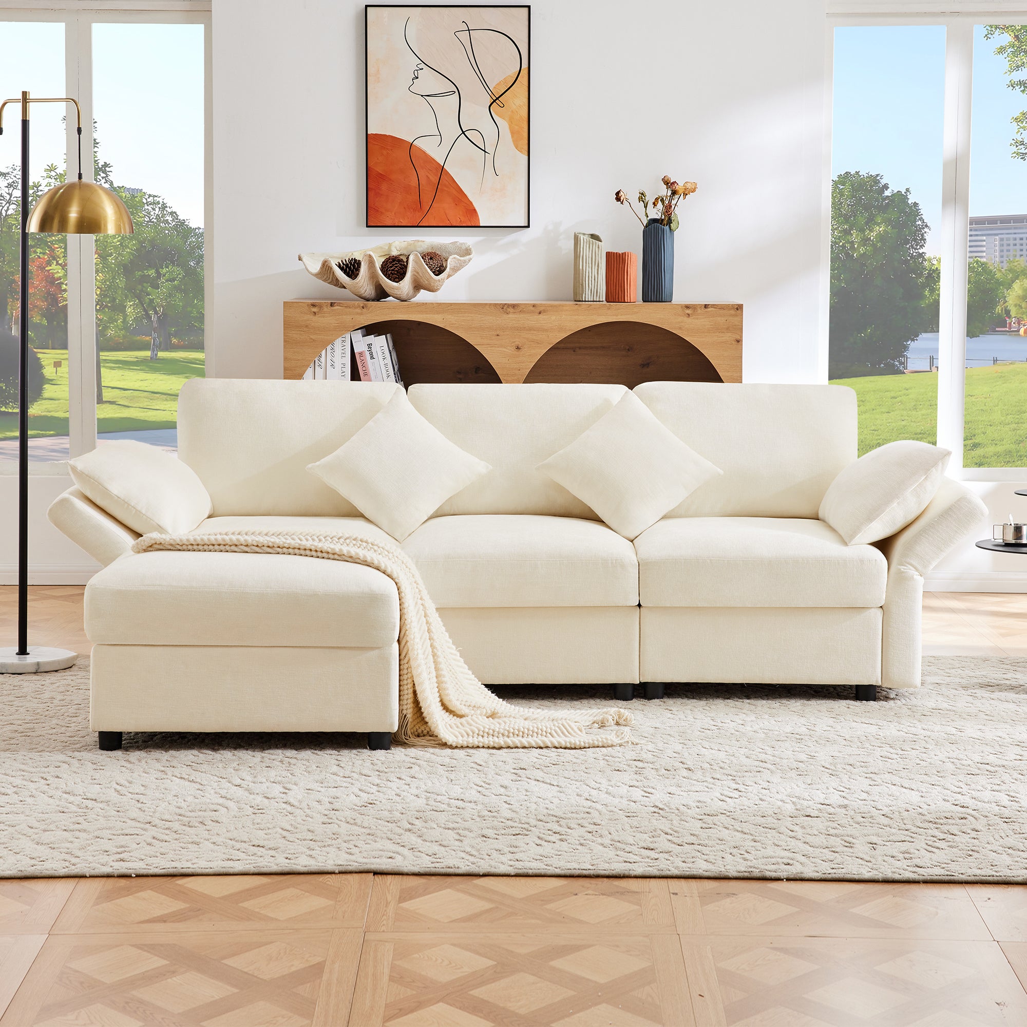 Divano angolare 3 posti con poggiapiedi e braccioli regolabili - 218 x 156,5 x 86 cm - Tessuto ciniglia - Beige - 4