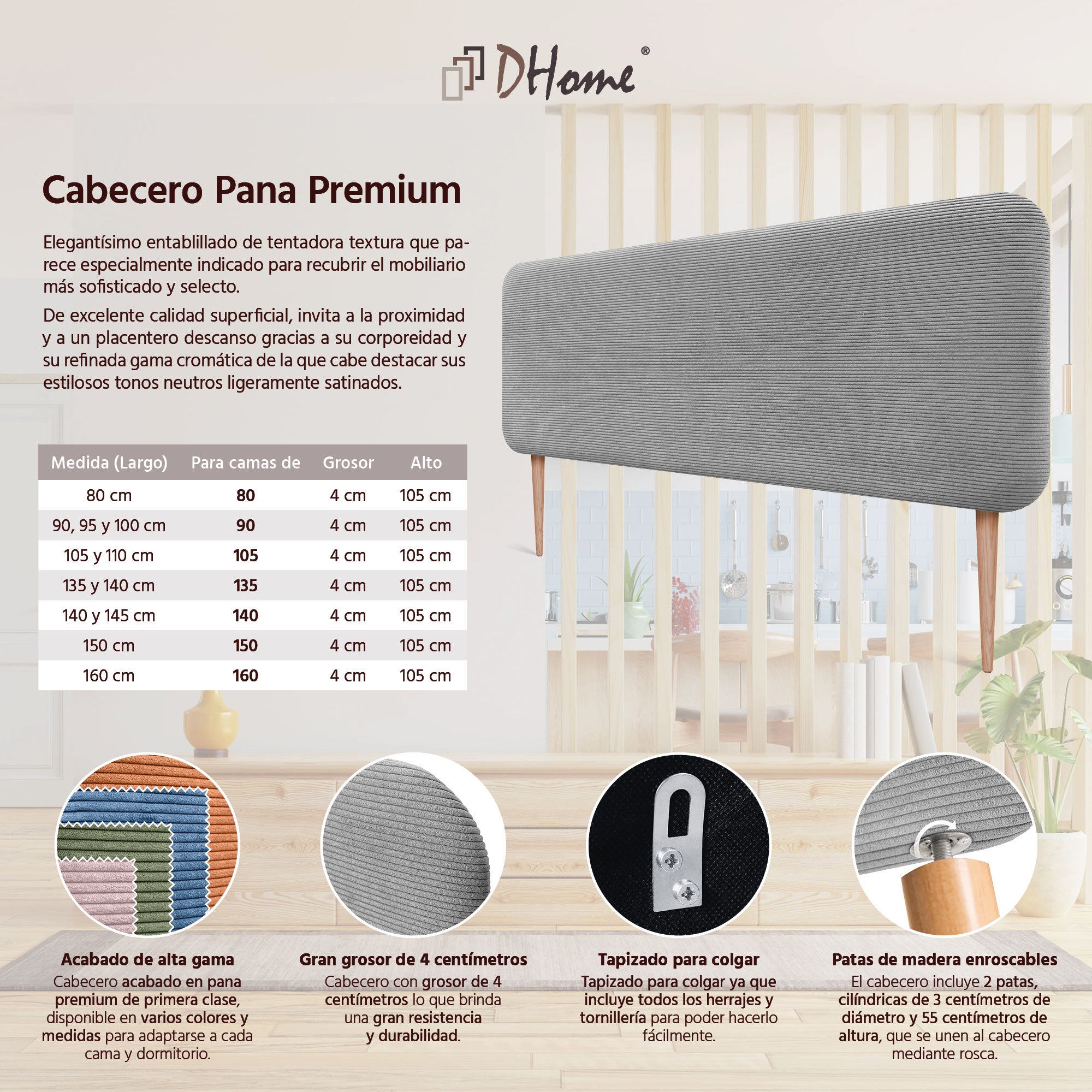 DHOME Cabecero Tapizado en Pana con Patas Redondeado para Pared Acústicos Cabeceros Absorbentes Cabezal Cama Dormitorio (Gris, 160cm) - 4