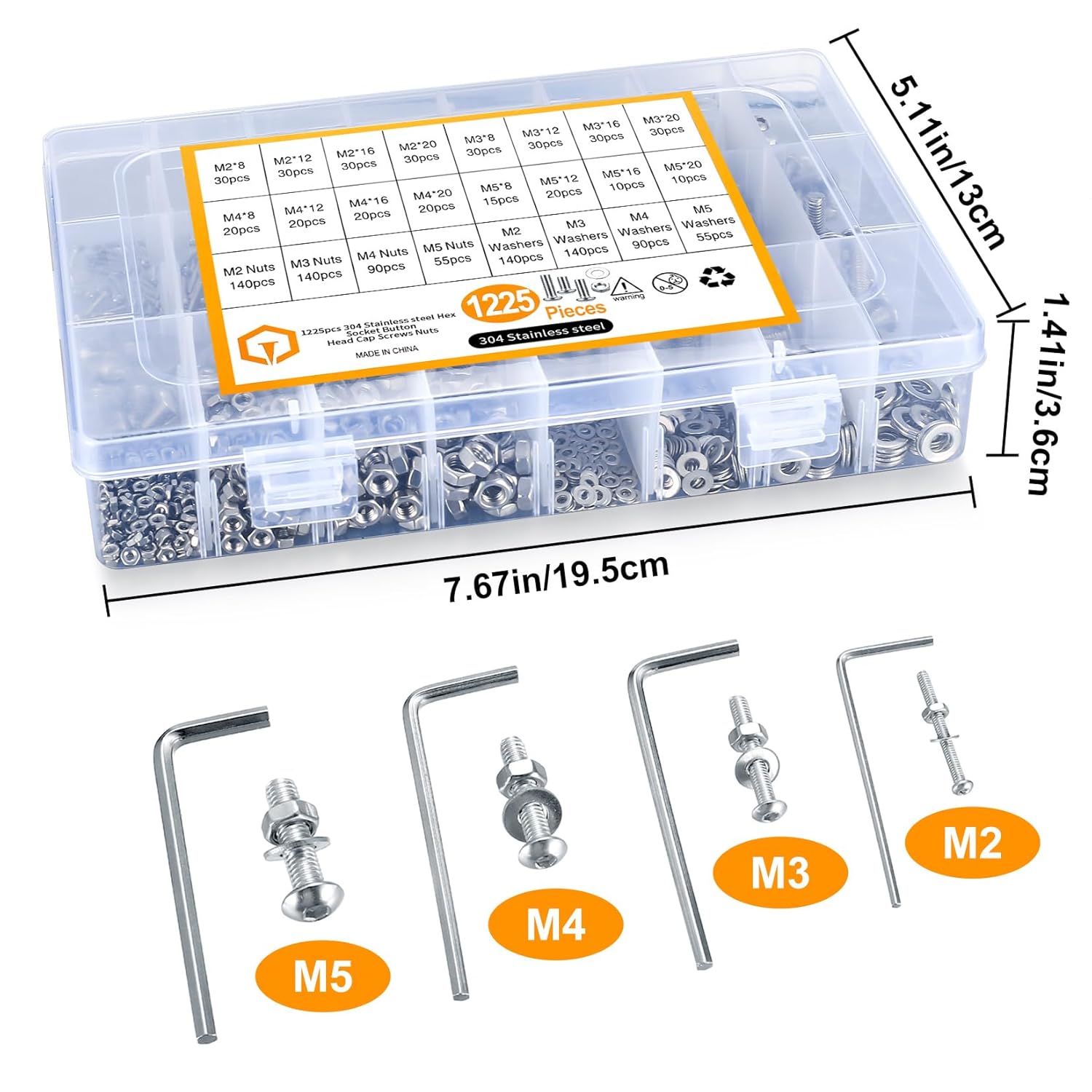 1225pcs M2 M3 M4 M5 Vis et boulons à six pans creux hexagonaux et écrous et rondelles Kit d’assortiment - 3