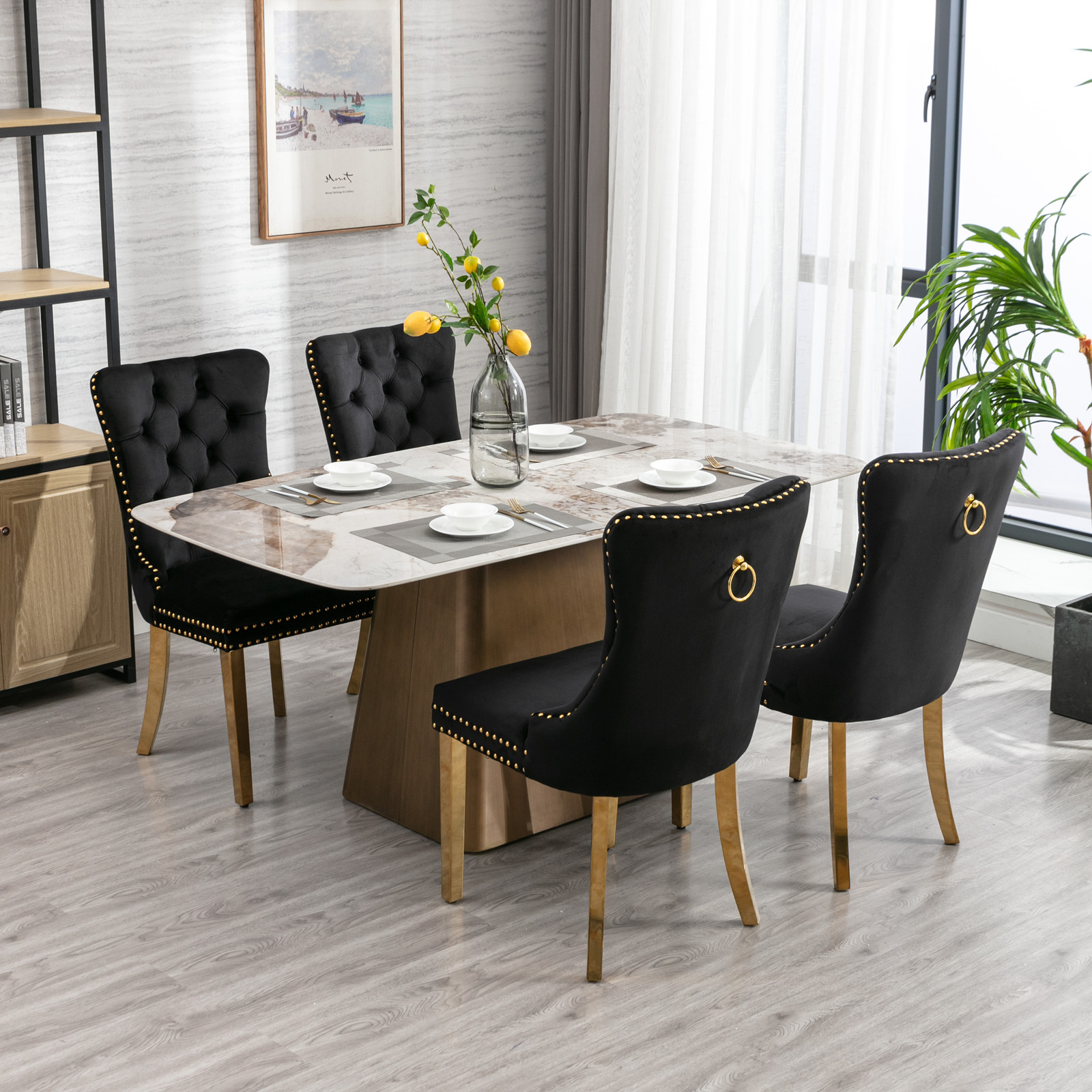 Silla De Comedor HWC-F18, Silla Silla De Cocina, Diseño Retro ~ Terciopelo Negro, Patas Doradas