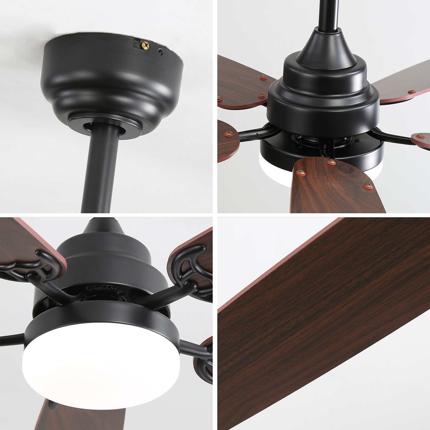 Ventilateur de plafond 52 pouces LED dimmable, moteur DC silencieux, 5 pales, 6 vitesses, télécommande multifonction, design moderne réversible - 4